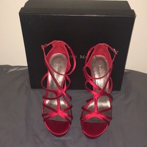Red satin beautiful lace up shoe. So gorgeous!